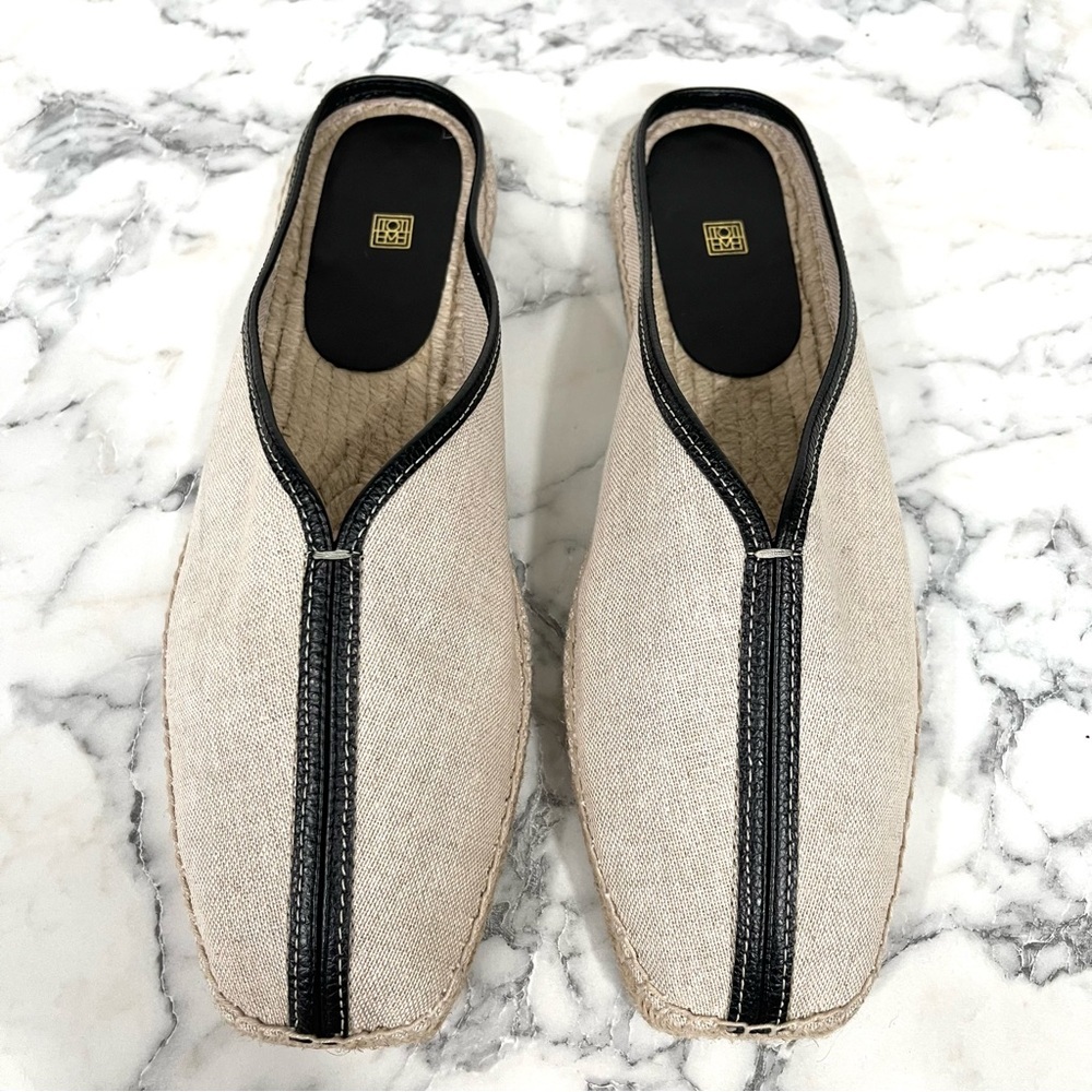 Toteme Leather Trimmed Canvas Espadrilles Slippers Mules Beige Black Woman’s 41